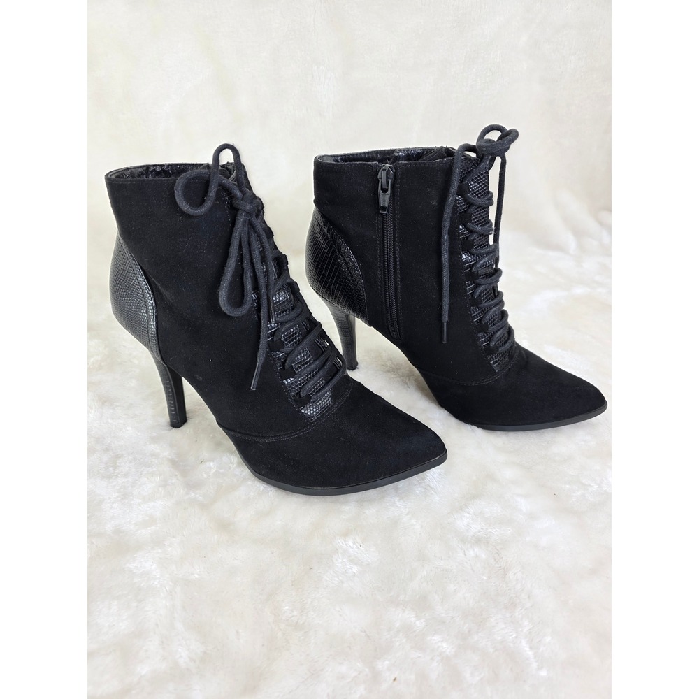 Womens Black Suede Pointed Toe Stiletto Heel Lace Up Ankle Boots Size 8.5